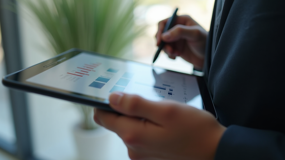Close-up view of a consultant presenting branding strategy on a digital tablet
