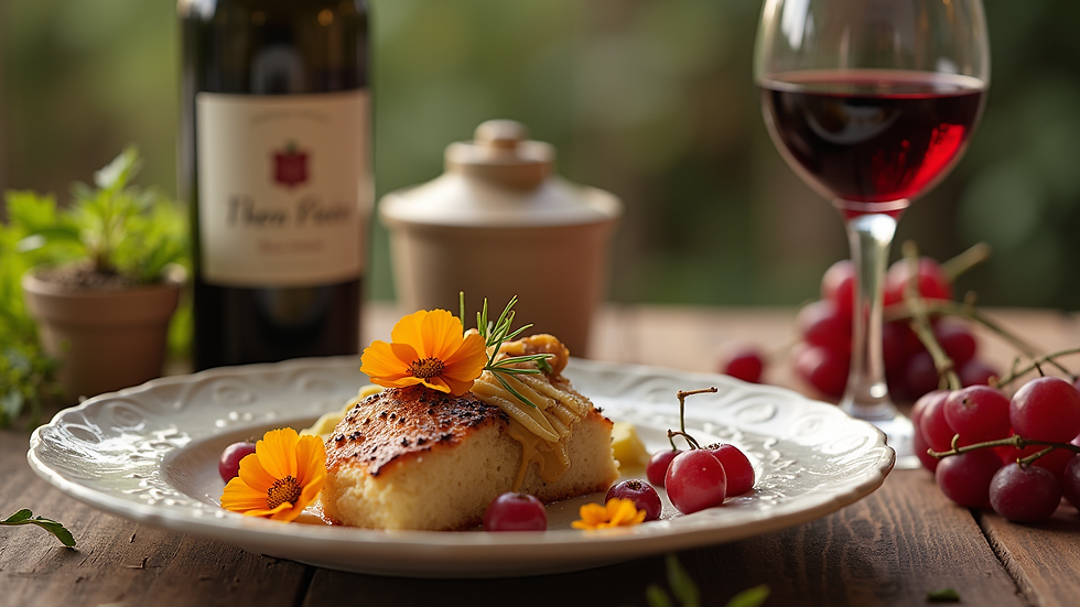 Eye-level view de cesta temática gourmet com vinho e flores