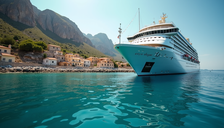 Eye-level view of Atlas Ocean Voyage ship docked at a remote coastal village