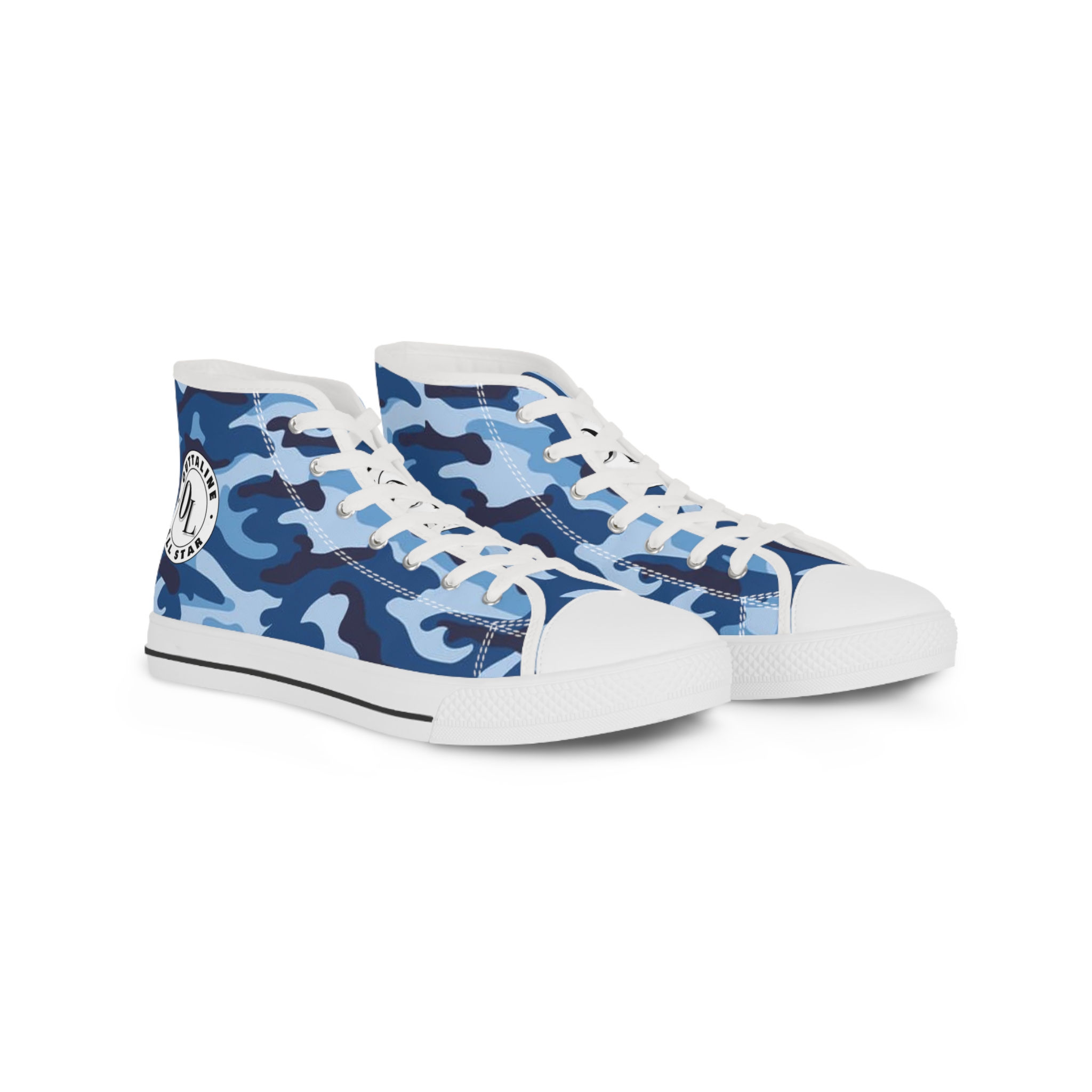 Blue Camo Outtaline Men's White High Top Sneakers (Regular)