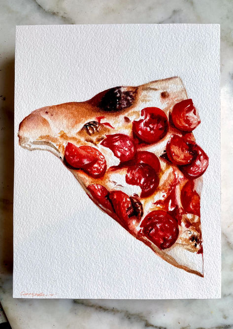 Realism watercolor painting by Amy Lewis in Tacoma WA. Realism watercolor painting of a slice of pepperoni pizza.