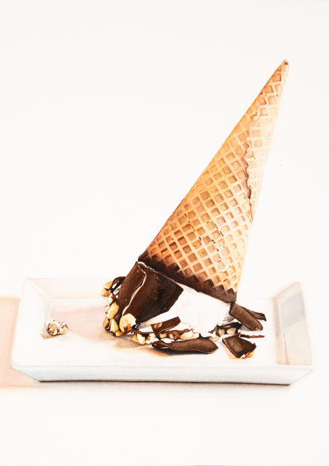 Watercolor painting of a smashed chocolate vanilla nutty drumstick novelty icecream on a white plate in front of a white background. 