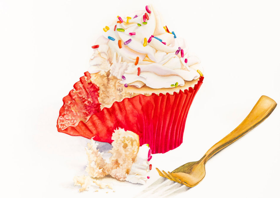 Contemporary realism watercolor painting by Tacoma local artist Amy Lewis. Frosting with a side of Cake is a watercolor painting of a vanilla cupcake with rainbow sprinkles and a gold fork.