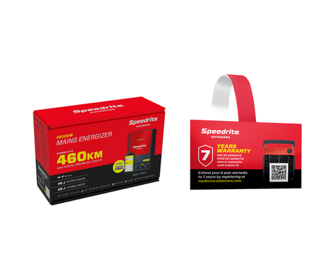 Red Speedrite agricultural packaging and warranty display graphics for farming equipment.