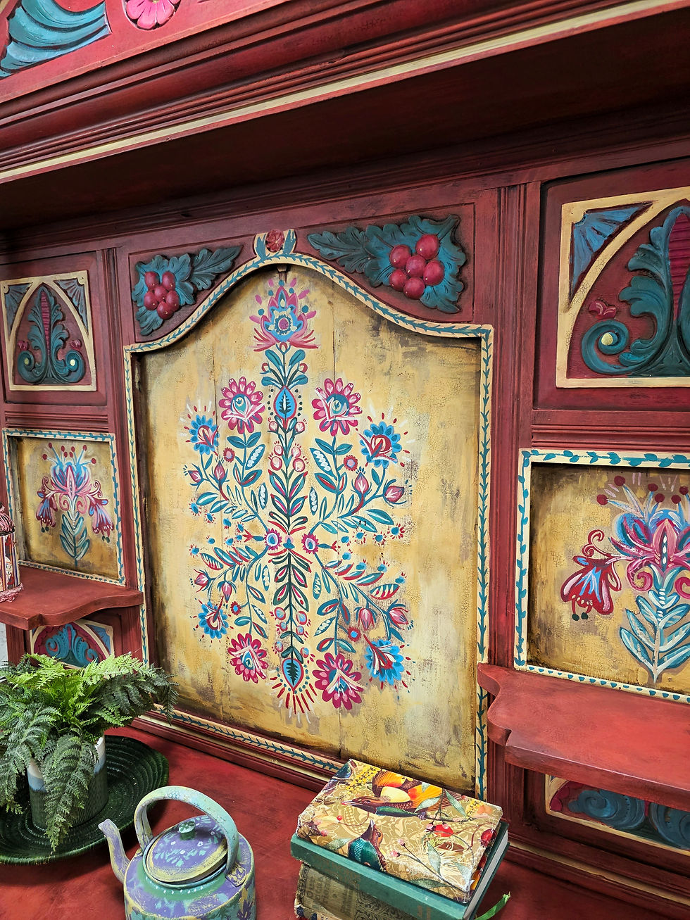 Wooden dresser with vintage folk art pattern created using Carbon Courage kit