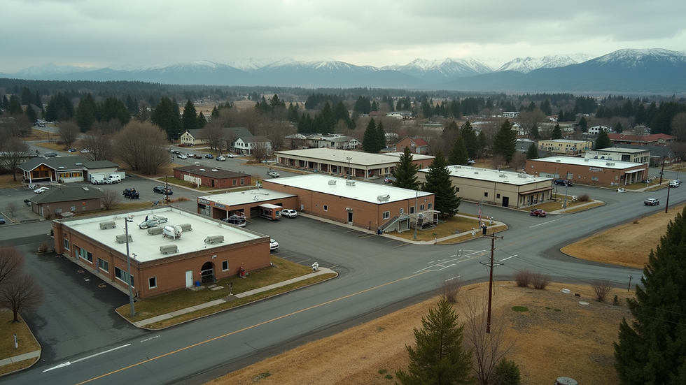 High angle view of a rural Oregon town with limited healthcare facilities