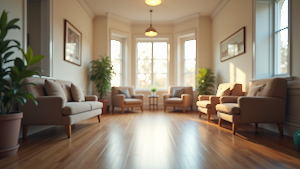 Eye-level view of a cozy community mental health center waiting room