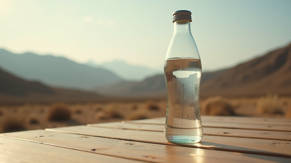 Eye-level view of a clear water bottle on a wooden table with dry, smoky hills in the background