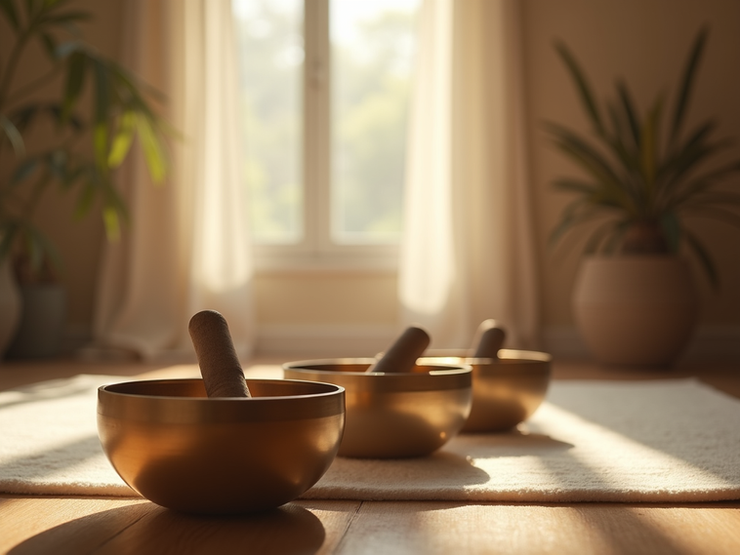 A serene indoor meditation setting with crystal singing bowls bathed in warm natural light
