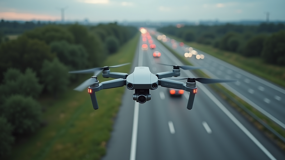 High angle view of a drone inspecting a highway