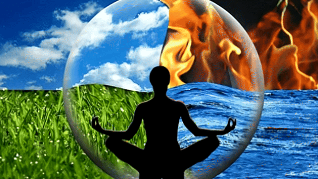 Animated “Embrace the Elements” graphic showing earth, sky, fire, and water around a peaceful meditation silhouette, reflecting the calm natural setting of Torbay Suites in North Bay, Ontario.