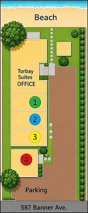 A clean overhead illustrated site map of Torbay Suites in North Bay, Ontario, showing the beach at the top, Torbay Suites office, cottages 1 to 4, parking area, driveway, landscaped bushes, and the 587 Banner Ave. entrance.