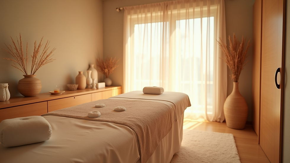 High angle view of a serene massage room with soft lighting and calming decor