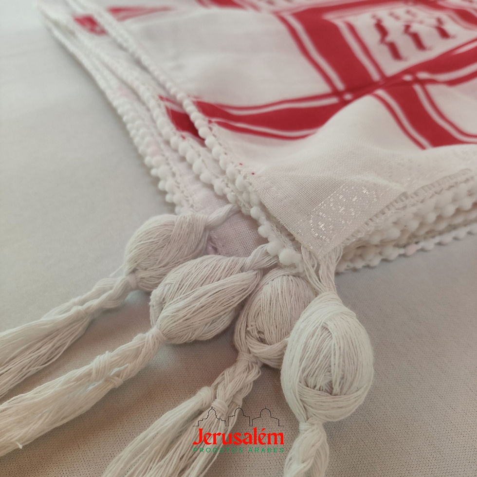 Miniatura: Kufiya | Lenço palestino estampado branco e vermelho com franja