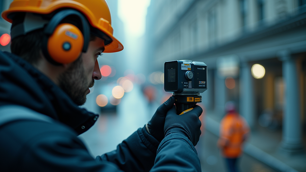 Eye-level view of a technician operating a laser scanner in an urban area