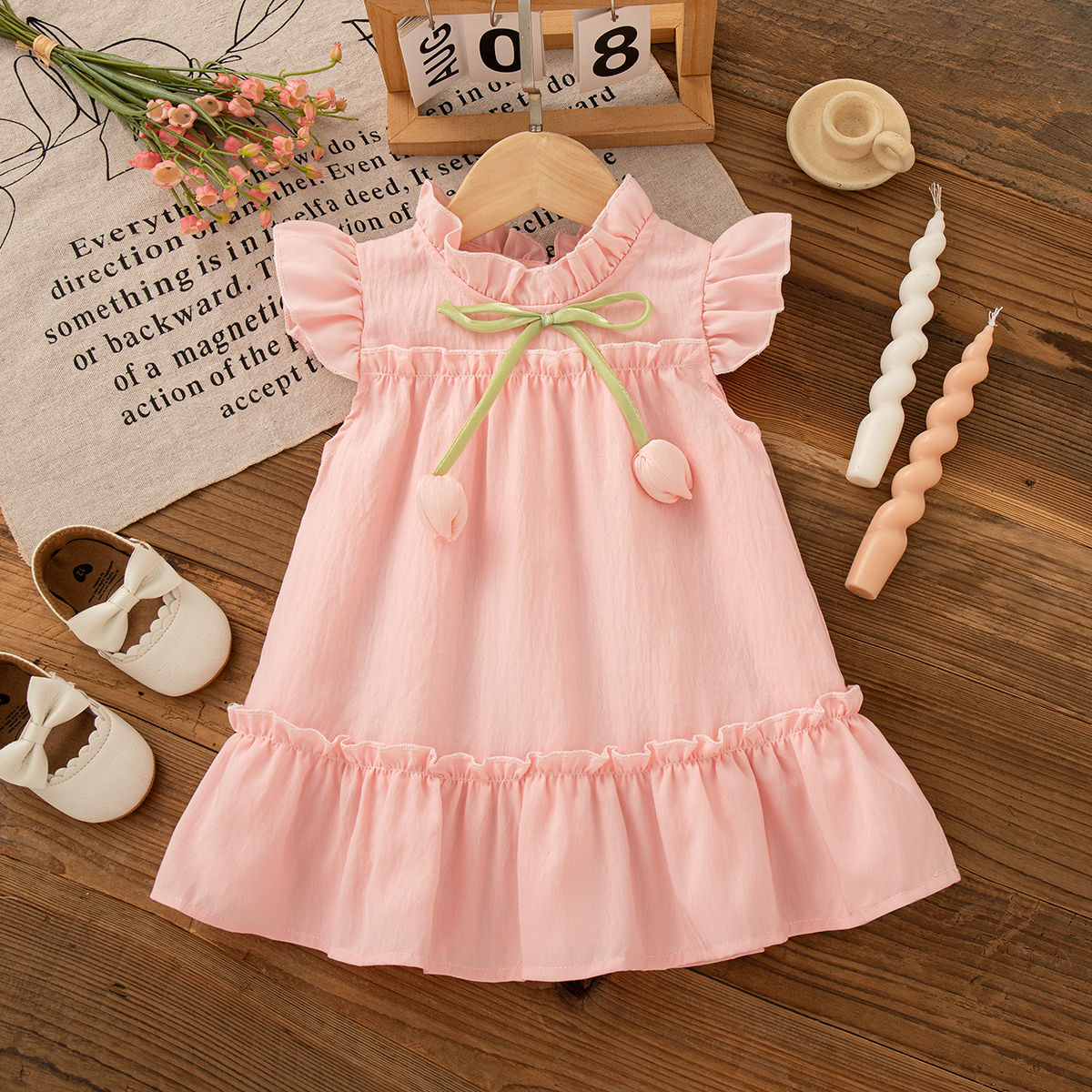 Summer Baby Outfit For Girl Tulip Flower Bow Pink Chiffon Dress Baby Girl Korean