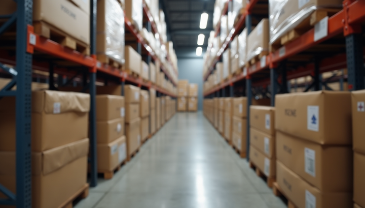 Eye-level view of a warehouse shelf filled with neatly packaged products ready for shipment