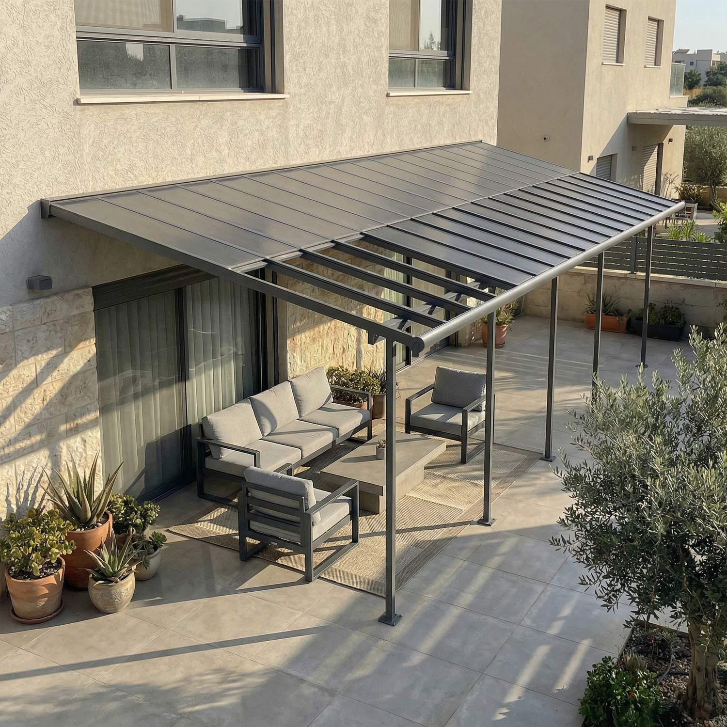 פרגולה אלומיניום SIERRA CABRIO אפורה 3x10.4 עם קירוי אפור