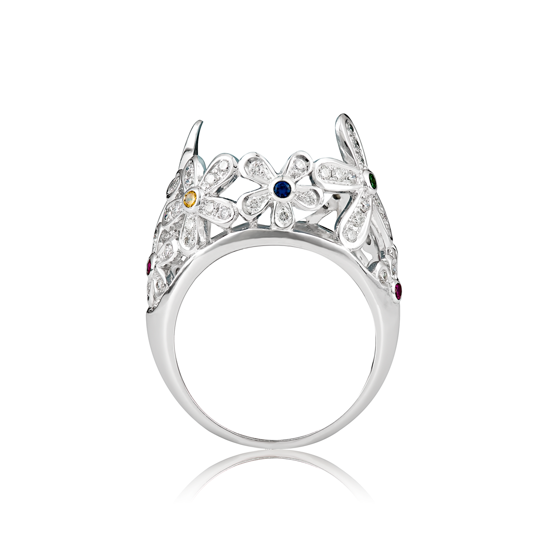 Forgetmenot Ring 18ct White Gold - Set with Diamonds and Coloured Sapphires