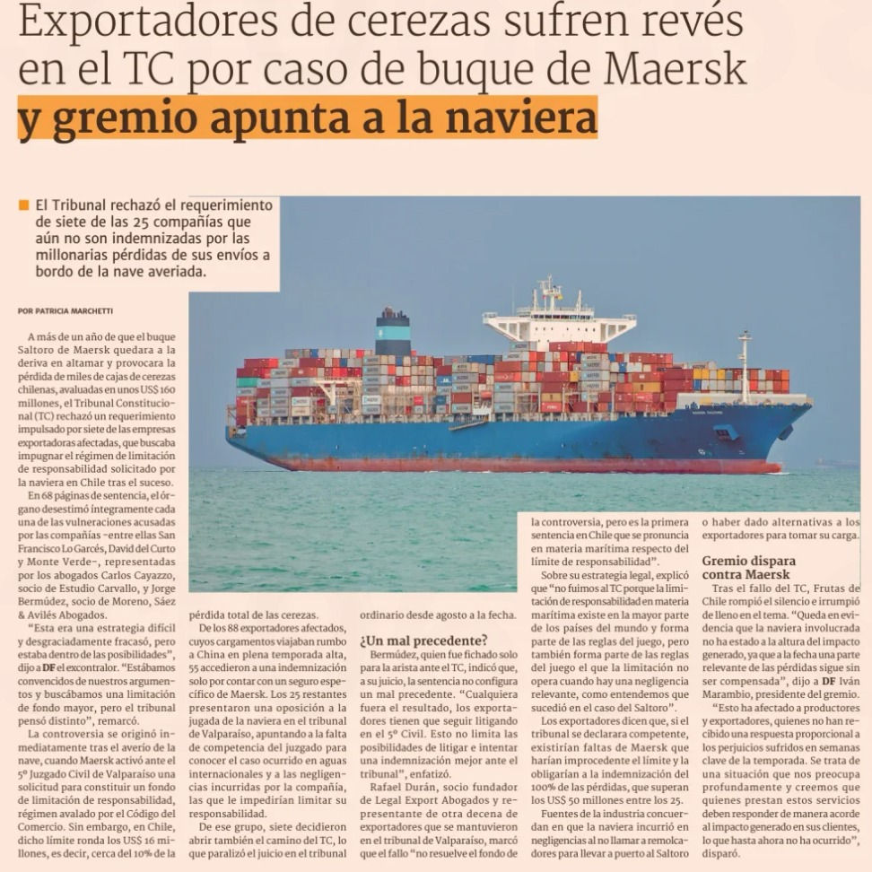 Revés judicial reabre debate en la industria cerecera tras caso Maersk