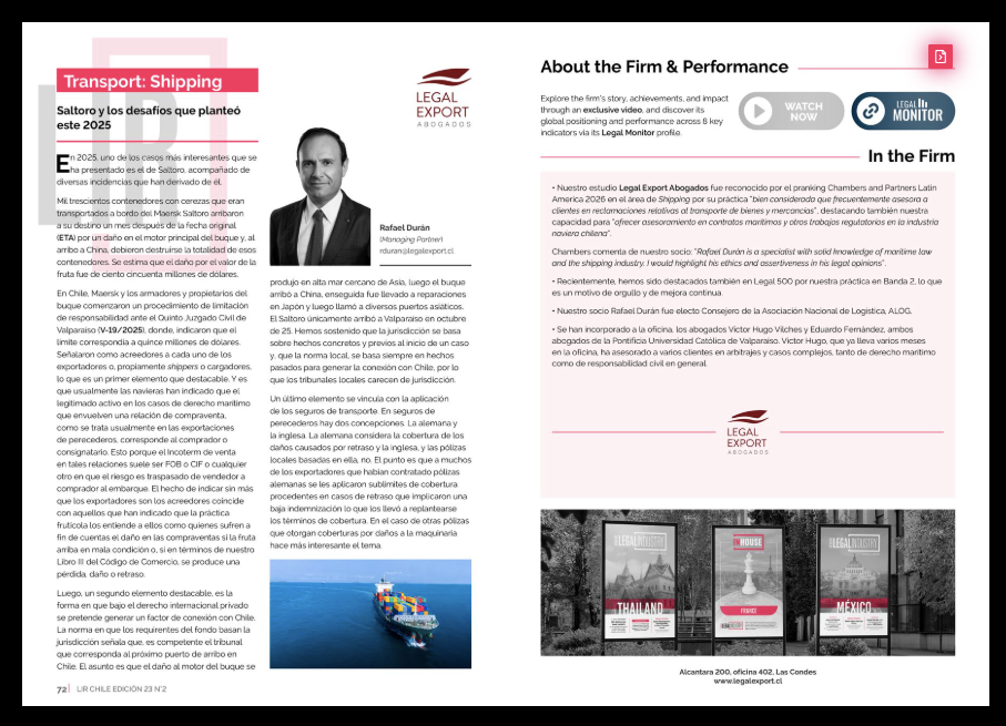 Legal Export destaca en The Legal Industry Reviews con análisis clave sobre el caso Saltoro y los desafíos para la exportación de cerezas 2025