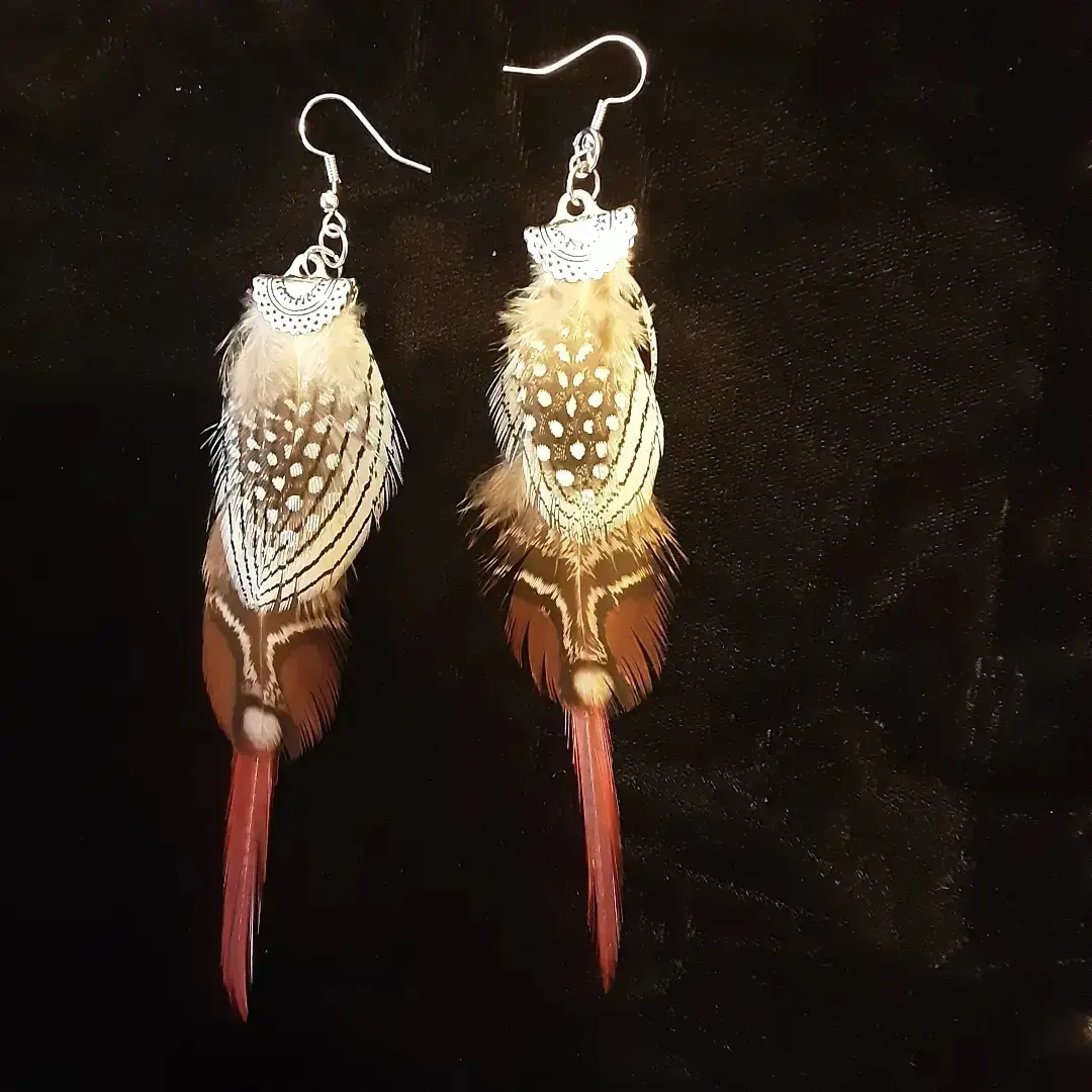 Guinea, Pheasant, Tragopan, and Rooster Feather Earrings