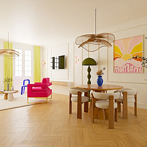 Salon lumineux murs jaunes avec moulures et décoration contemporaine – optimisation de la lumière par la couleur