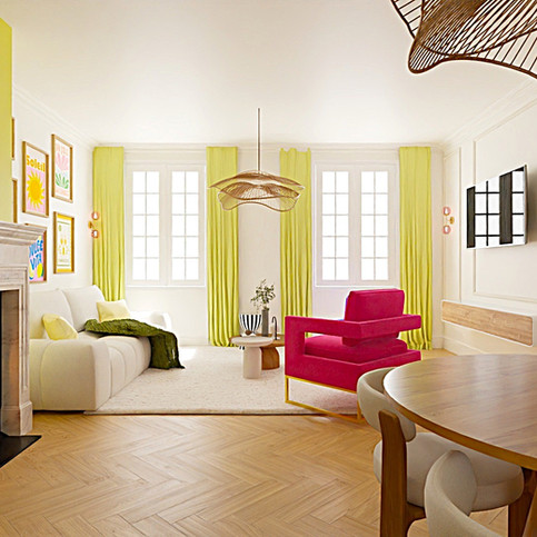 Salon lumineux murs jaunes avec moulures et décoration contemporaine – optimisation de la lumière par la couleur