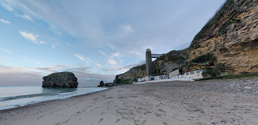 360° view of Marsden Beach in South Shields, showing Marsden Rock, cliffside Grotto, and the North Sea coastline.