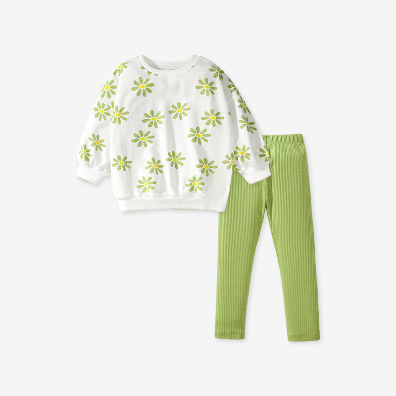 Thumbnail: Green Floral Print Long Sleeves Top Pullover and Pants 2-piece