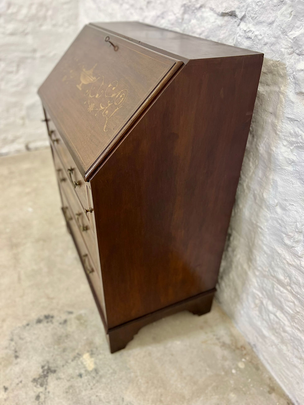 Thumbnail: Lovely Antique Edwardian Bureau Desk with Marquetry inlay.  Drawers for storage.