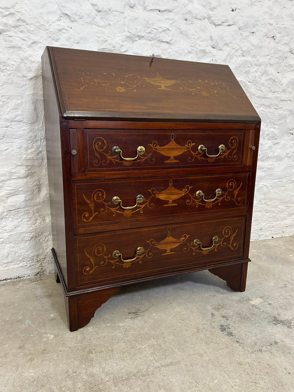 Thumbnail: Lovely Antique Edwardian Bureau Desk with Marquetry inlay.  Drawers for storage.