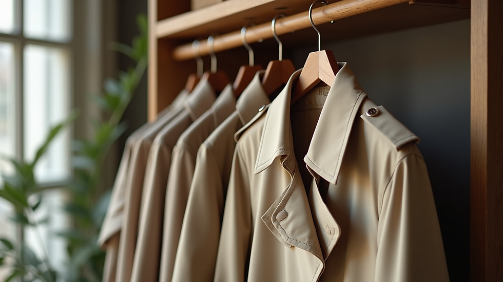 Eye-level view of a classic beige trench coat hanging on a wooden rack