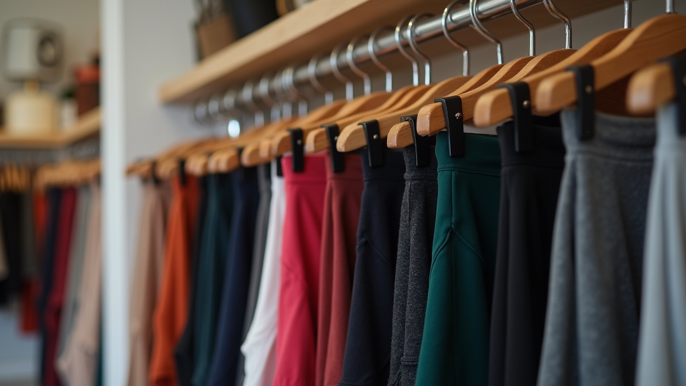 Eye-level view of a variety of leggings hanging on a rack in a boutique