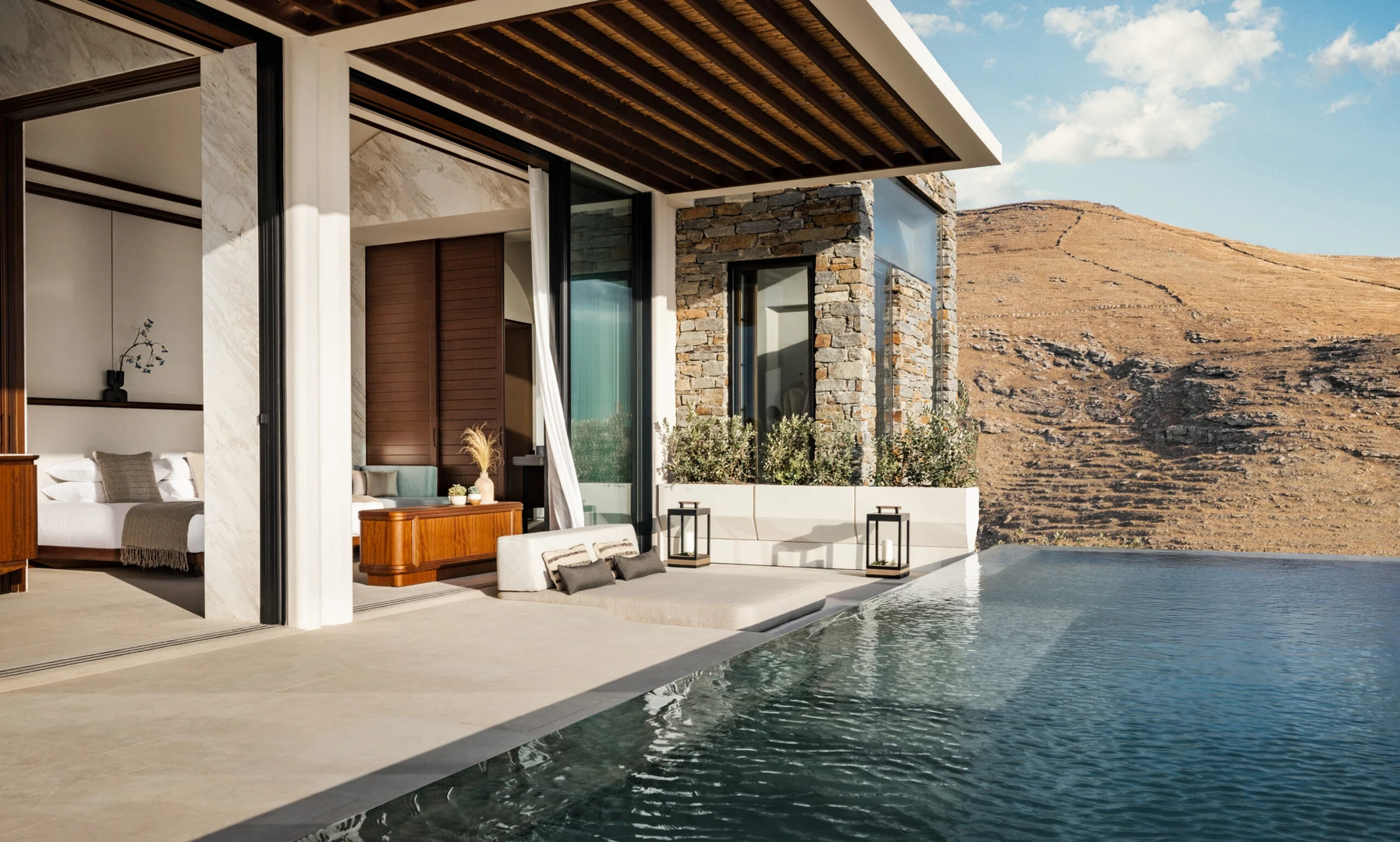 Stilren terrass och Infinity pool One&Only Kéa Island