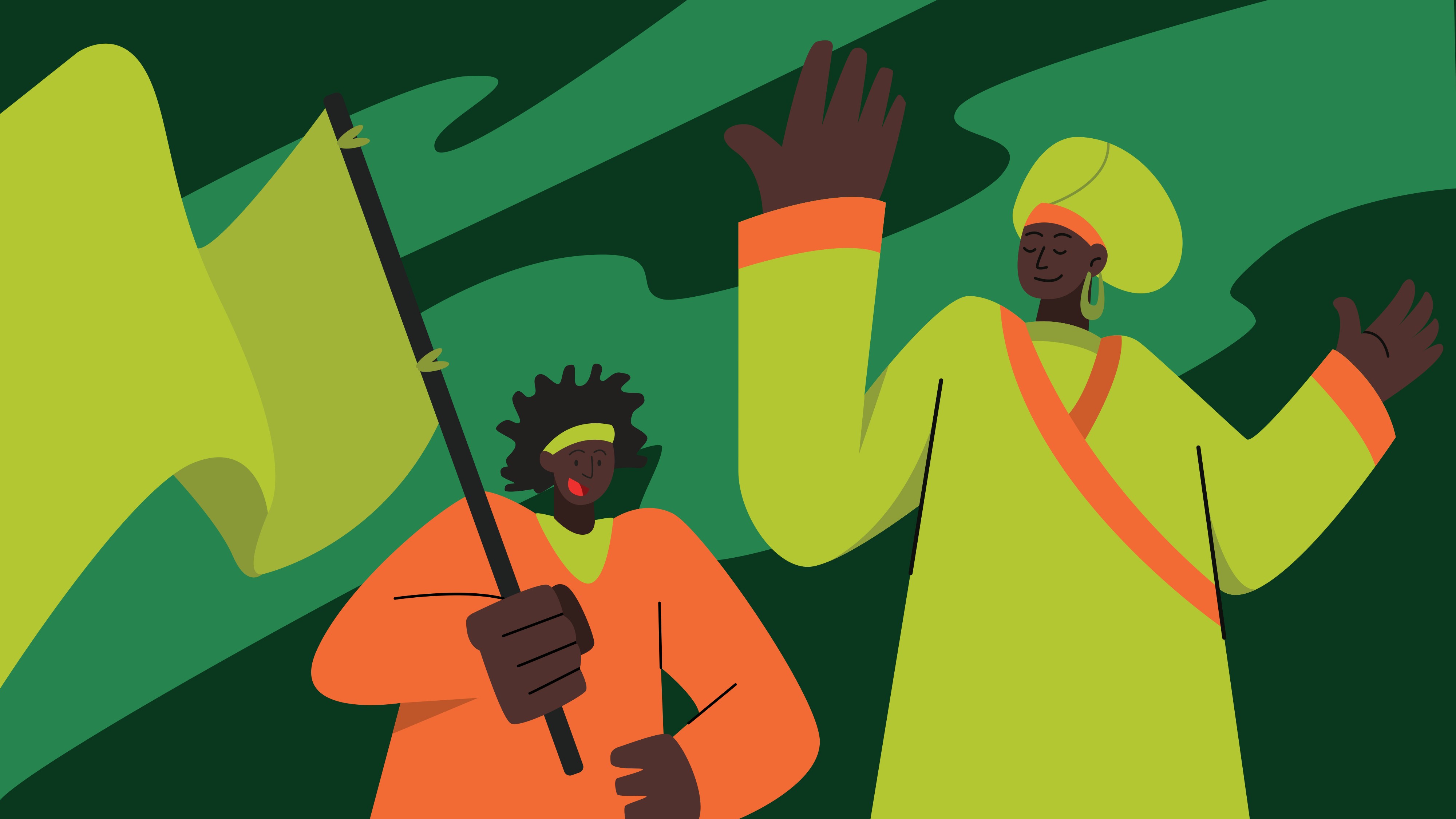 A green and orange graphic illustration of two Black people smiling – one holds a green flag, the other is dancing.