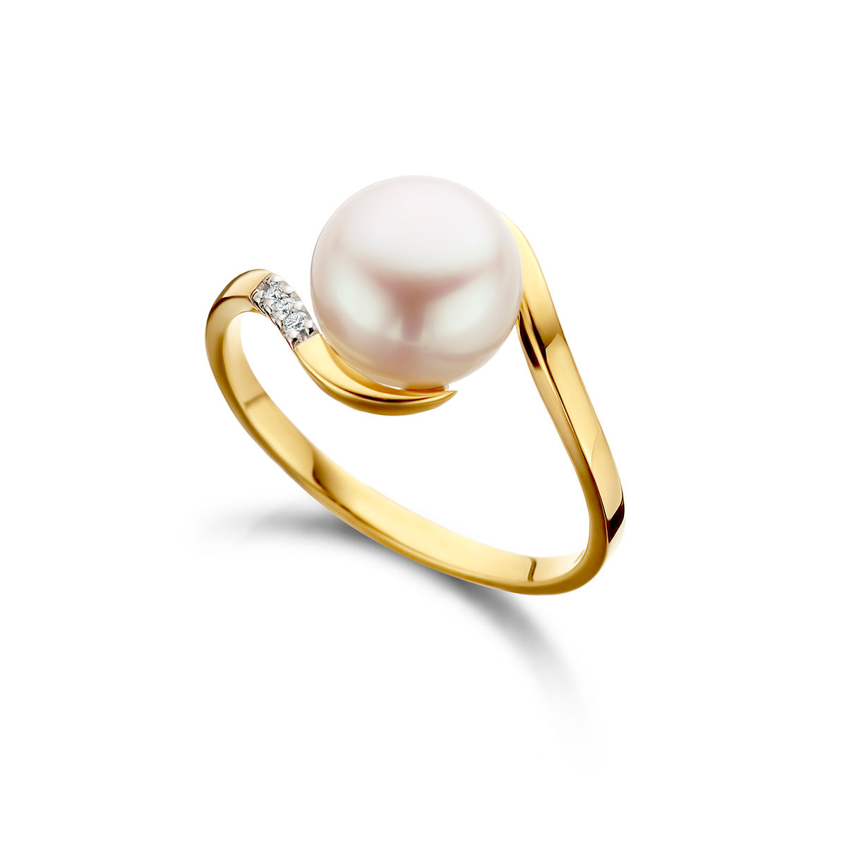 Bague or jaune 18 carat avec perle de culture et diamants Beheyt