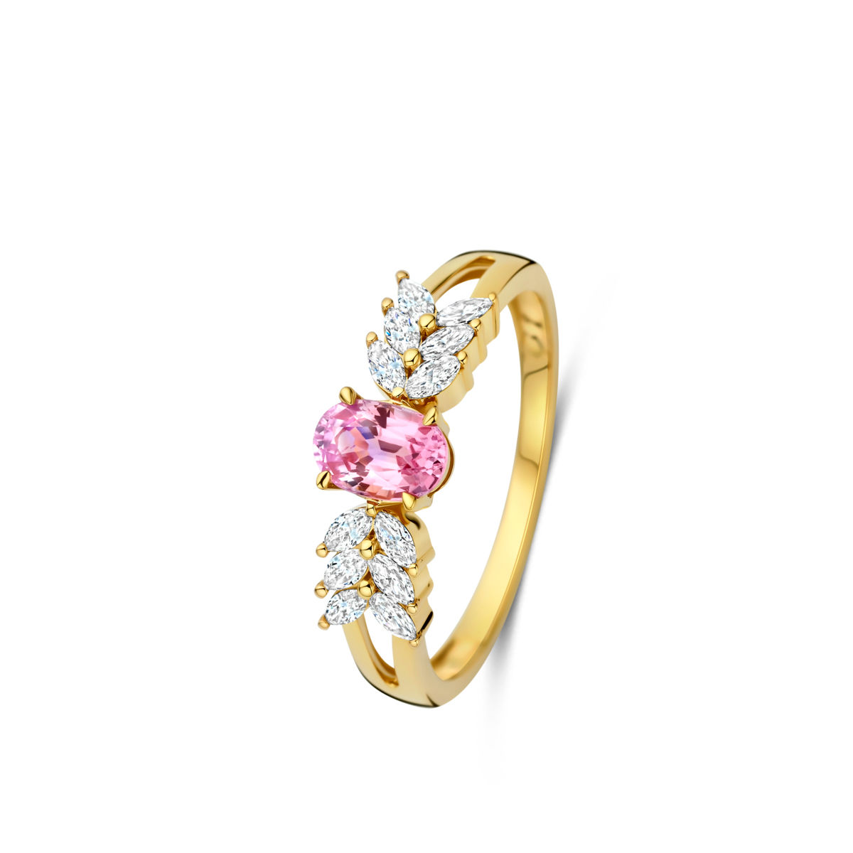 Bague or jaune 18Kt saphir rose et diamants Beheyt