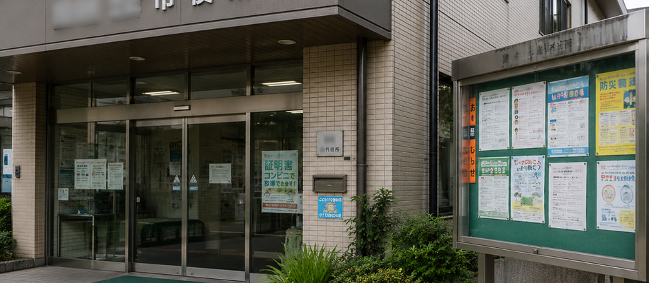 Japanese town hall entrance, where local akiya renovation subsidy programs are administered.