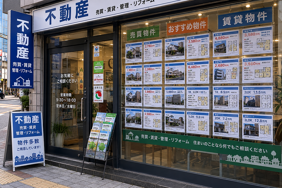 Japanese real estate agency window with property listings, illustrating how Japanese real estate agent fees work.