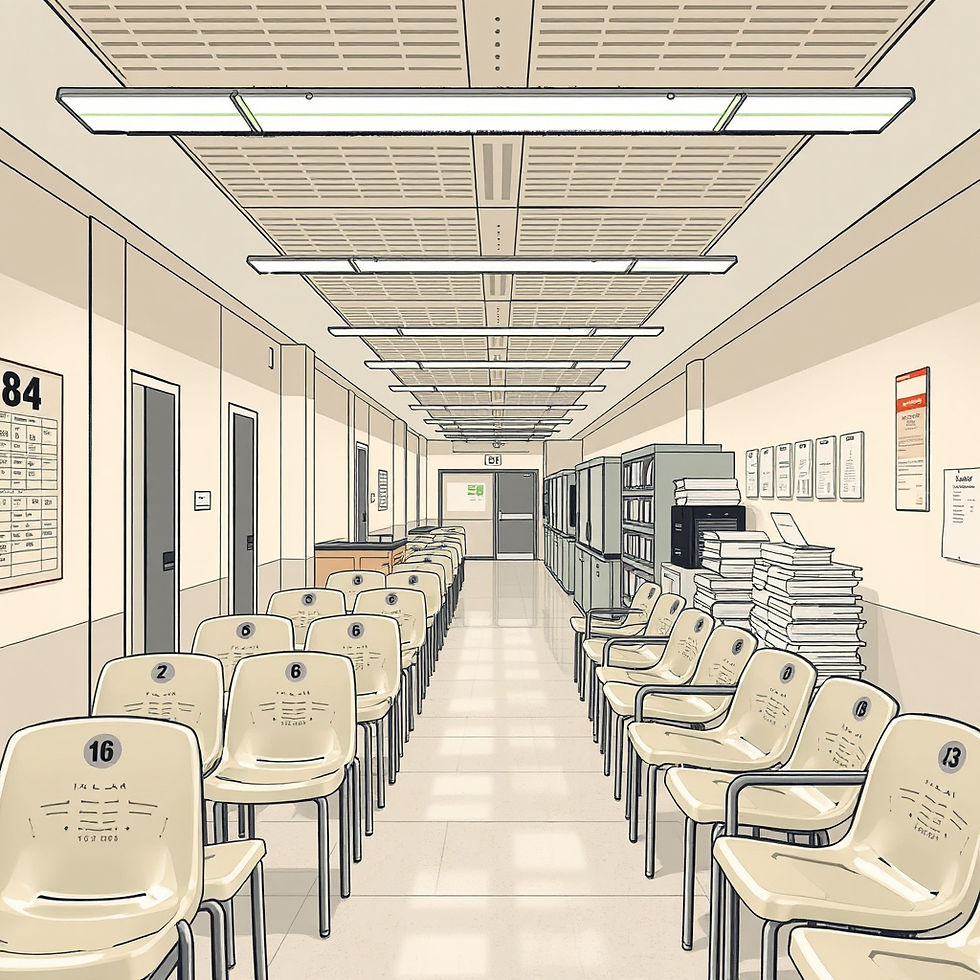 Empty clinic hallway with numbered beige chairs, stacked papers and cabinets under fluorescent lights, calm sterile mood.