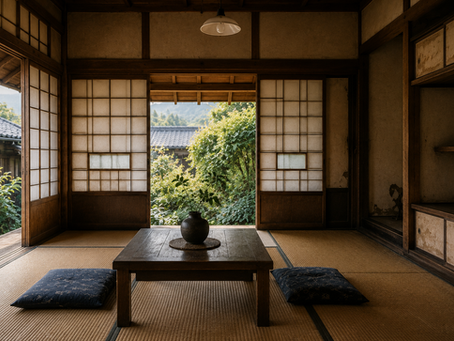 Traditional Japanese living room with tatami mats with shoji doors