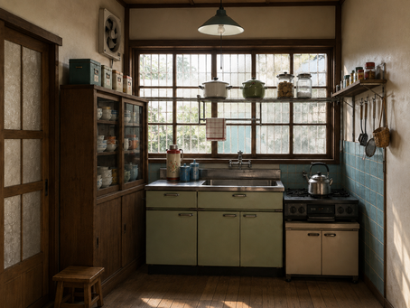 A traditional Japanese kitchen with a kettle on a stove, big windows and a small sink, giving showa era vibe.