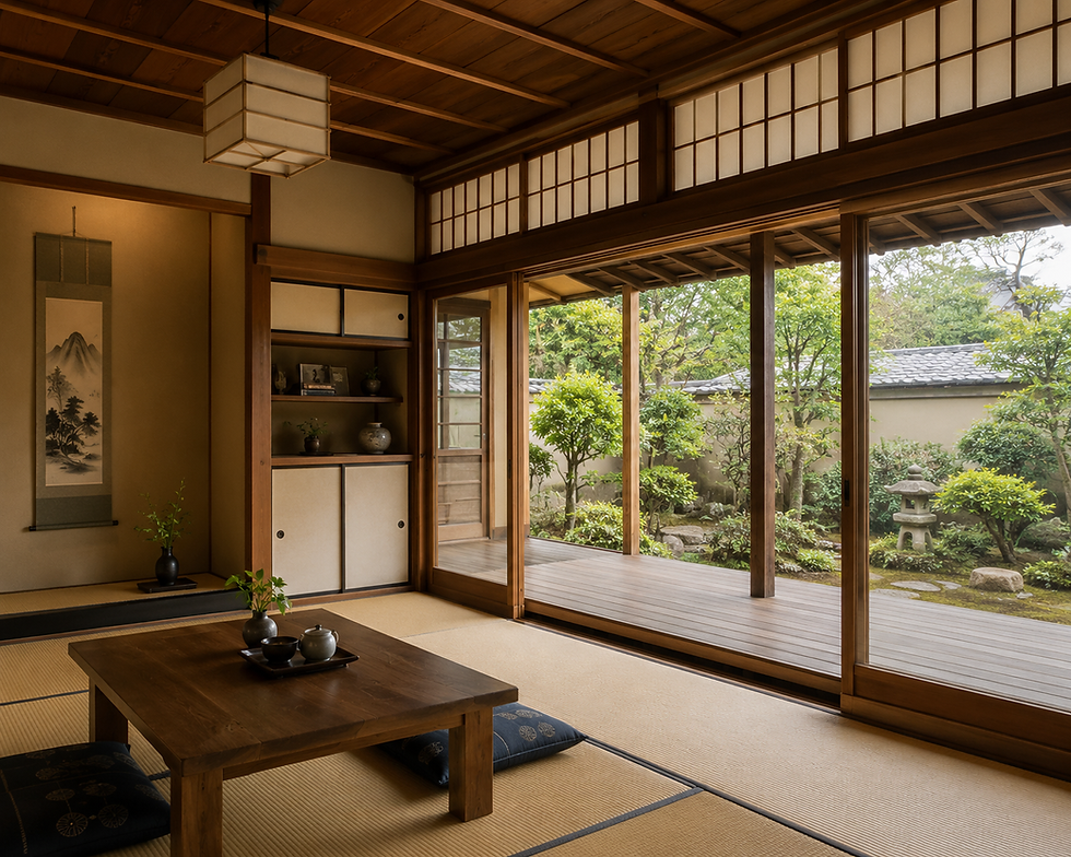 a Japanese house, a tatami living room, an engawa with a bonsai