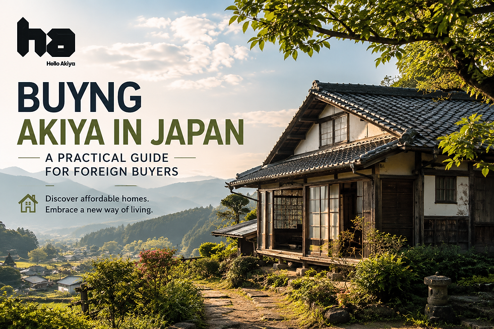 Poster for buying akiya in Japan, showing a rustic house on a sunny hillside with mountains; text reads A practical guide for foreign buyers