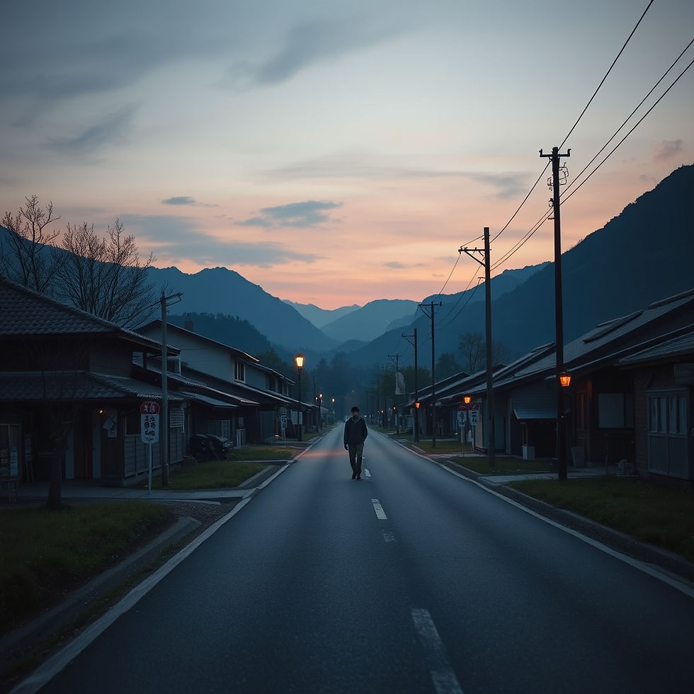 Lone person walks down an empty village road at dusk, flanked by lit houses and mountains under a pastel sky.