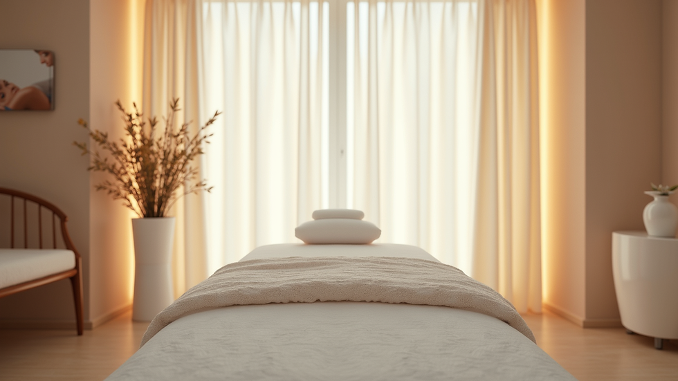 Eye-level view of a serene medical spa treatment room with soft lighting