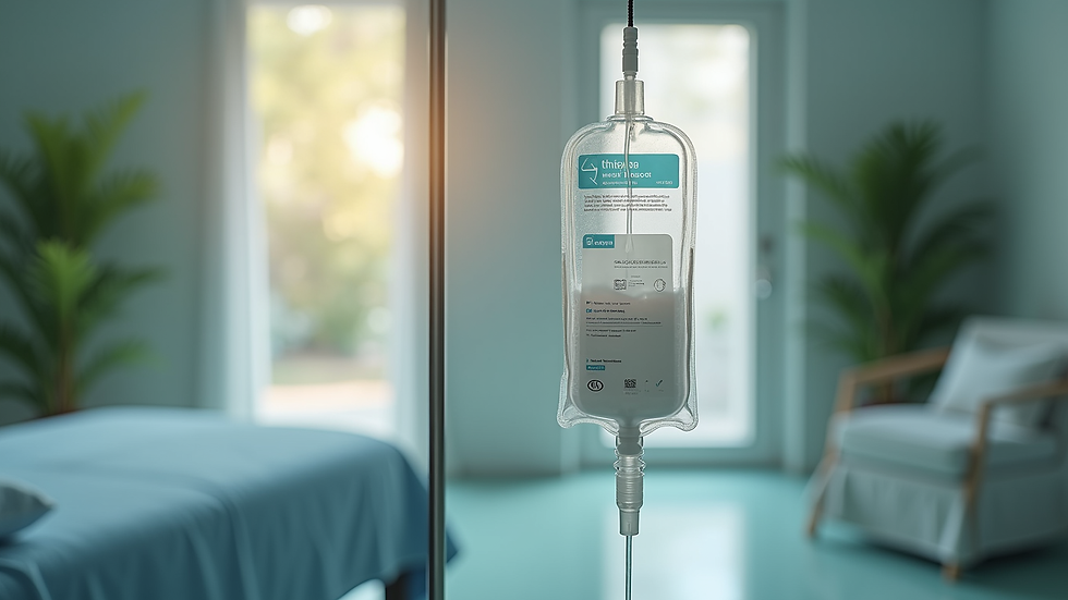 Close-up view of IV therapy drip bag in a medical spa setting