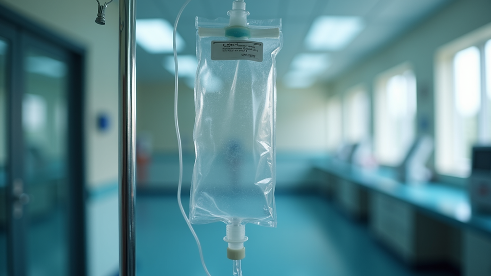 Close-up view of IV drip bag hanging on a stand