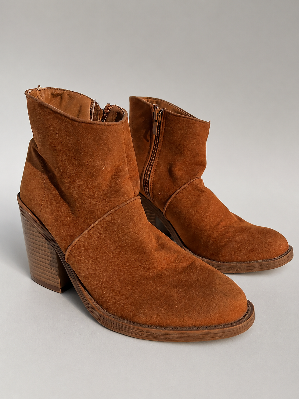 Thumbnail: Angled side view of Utopia tan faux suede block heel ankle boot.